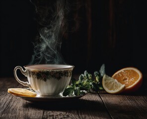 A steaming cup of tea, garnished with lemon and mint