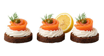 Three gourmet smoked salmon canapés with crème fraîche, dill, capers, lemon wedge, isolated on clean transparent, no shadows, 45-degree view, pristine food photography concept