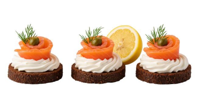 Three gourmet smoked salmon canapés with crème fraîche, dill, capers, lemon wedge, isolated on clean transparent, no shadows, 45-degree view, pristine food photography concept