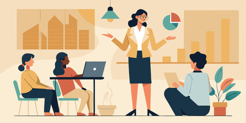 Businesswoman giving presentation on beige background