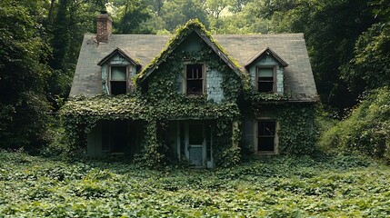 An abandoned vine covered house succumbs to nature s overgrowth in a desolate overgrown setting
