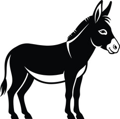 Black silhouette of donkey in side profile with large ears and tail, vector design for animal, farm, wildlife, and nature illustration