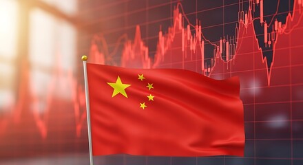 Waving Flag of China Against a Declining Financial Graph.