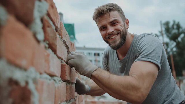 Skilled mason efficiently laying bricks and smiling during construction process