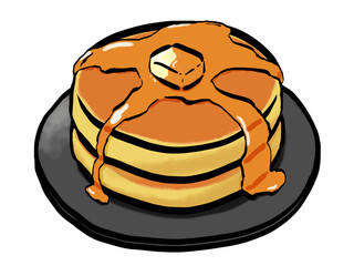 ホットケーキのイラスト （筆タッチ） シンプル / Hand-painted pancakes with butter and honey, brush style illustration