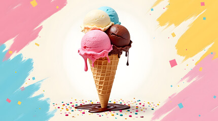 Colorful ice cream cone, slightly melting, on a bright, cheerful background.
