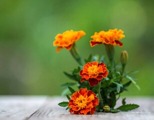 Orange marigold flowers on a wooden surface