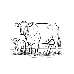 Fototapeta premium Elegant line art illustration of a cow with her calf grazing peacefully in a pasture scene for print