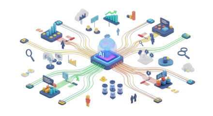 Isomeric Illustration Depicting a Central AI Unit Coordinating Multifarious Data Streams