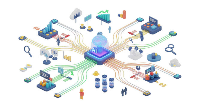 Isomeric Illustration Depicting a Central AI Unit Coordinating Multifarious Data Streams - Powered by Adobe