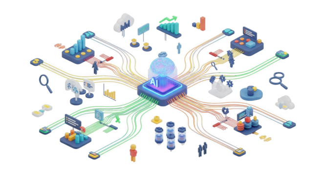 Isomeric Illustration Depicting a Central AI Unit Coordinating Multifarious Data Streams