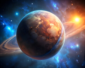 Obraz premium Cosmic Wonder. A Vibrant Planet in a Nebula