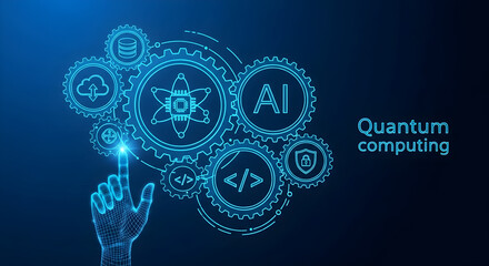 Quantum computing concept with digital hand and technology icons