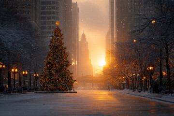 stunning urban christmas tree adorned with virtual gift projections stands majestically against serene winter
