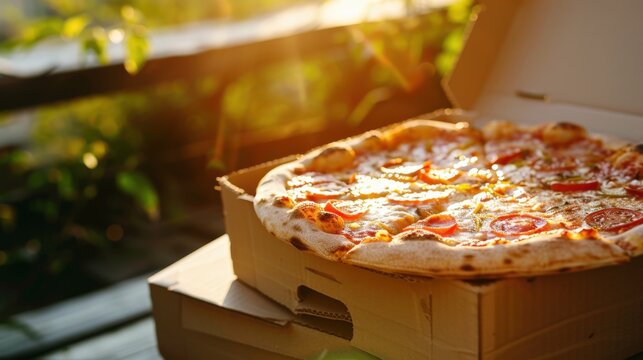 A freshly baked pizza with pepperoni and cheese sits in an open cardboard box. Sunlight shines on the pizza, creating a warm atmosphere. - Powered by Adobe