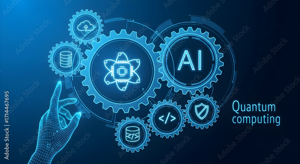 Poster quantum computing concept with digital hand and technology icons