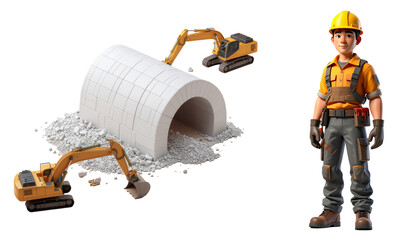 土木作業員と重機（ショベルカー、ユンボ）がトンネル建設を行うイラストレーション素材。建設中の現場を描いた建築、建設関連のプロジェクトのイメージに最適なイラスト素材。