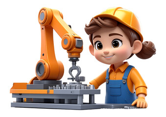 工業用ロボットアームと小さなエンジニア。笑顔の女の子が作業服とヘルメットを着用して機械を扱うイラスト素材。工場での組み立てや製造業、テクノロジーの未来を表現するイメージに最適です。