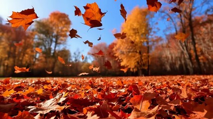 Falling maple leaves swirling through crisp autumn air against backdrop of golden and orange trees. Red and orange leaves cover ground while others drift downward against bright blue sky
