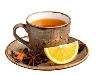 Cinnamon Health Drink in Rustic Cup with Ingredients, Angled Side View