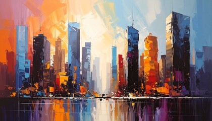 Obraz premium Artistic painting of skyscrapers. Abstract style. Cityscape panorama.