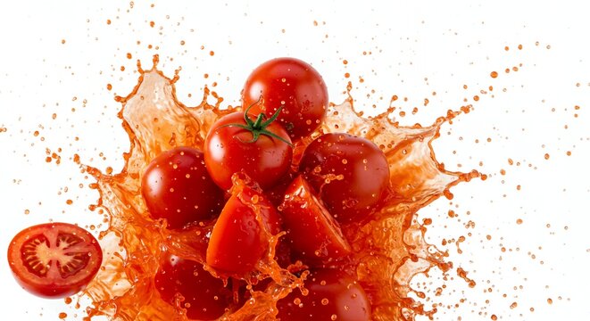 Cherry tomatoes splashing in liquid with one sliced tomato piece on white background fresh ripe organic healthy colorful cooking ingredient