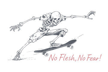 Black and white hand-drawn ink illustration of a human skeleton riding a skateboard, dynamic monochrome vector artwork