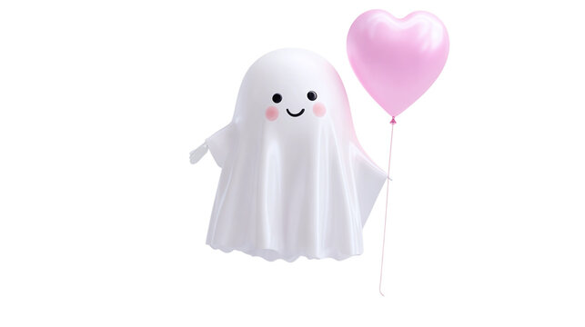 Cute ghost with heart balloon isolated on transparent background