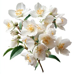 Obraz premium A cluster of white jasmine blossoms with green leaves