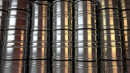 Industrial Metal Barrels in Mass Storage: Cylindrical Containers, Reflective Surfaces, and the Symmetry of Commercial Production Systems, 4K image 
