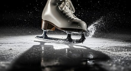Action close-up of white figure skates slicing snow powder across frozen rink with sharp blade motion and icy details