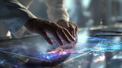 Scientist using futuristic holographic table for research and data analysis in laboratory setting