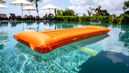 Orange pool float in clear water, with umbrellas and lounge chairs in the background