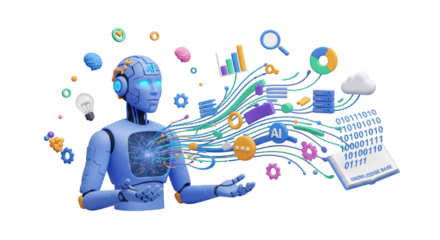 3D rendering: AI robot with data streams, knowledge base, and visual elements