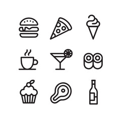 Collection of nine simple outline icons representing various food and drink items, isolated on a white background technology background