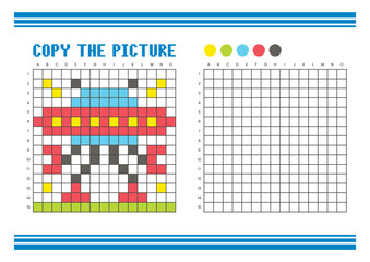 Copy the picture grid drawing worksheet for kids. Pixel art alien robots