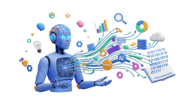 3D rendering: AI robot with data streams, knowledge base, and visual elements