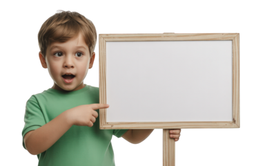 Little boy pointing at blank sign with surprise on transparent background