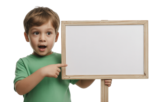 Little boy pointing at blank sign with surprise on transparent background