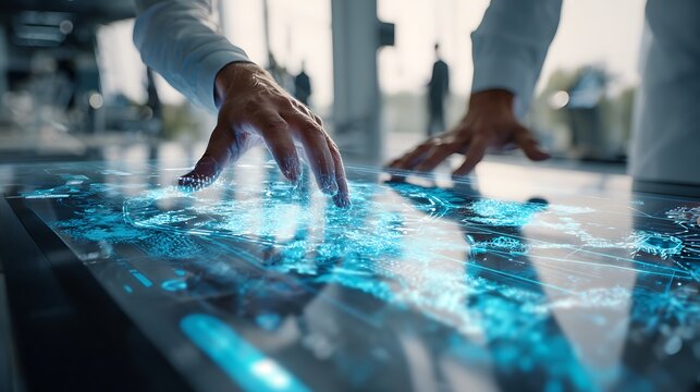 Hands interacting with futuristic holographic display technology interface innovation concept - Powered by Adobe