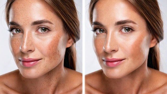 A woman&rsquo;s face before and after rejuvenated beauty treatment. Reduction of wrinkles, melasma, pigmentation, and dark spots after laser therapy, microneedling, chemical peels, or topical creams