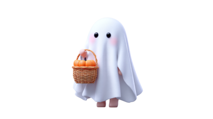 Cute ghost with pumpkin harvest isolated on transparent background