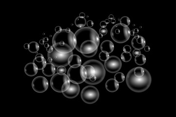 Realistic soap white bubbles isolated on black background. Set of soap bubbles with rainbow reflection.
Abstract floating soap bubbles. Water drop,