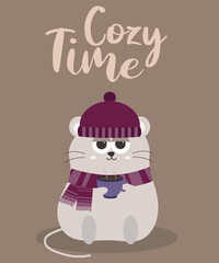 Flat Design Cozy Time Illustration with Lazy Mouse Wearing Scarf and Hat Holding Coffee Cup 