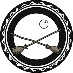 Circular Gothic Badge with Witch’s Broom and Full Moon
