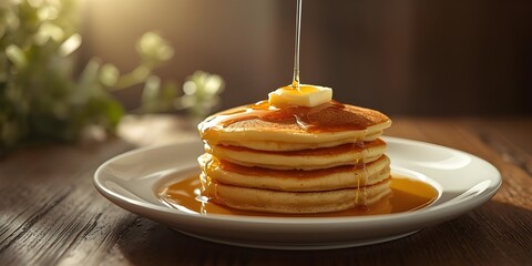 "Rustic breakfast setup with fluffy pancakes on white plate, warm sunlight streaming through window, syrup reflections sparkling, butter cube shining softly, cinematic composition, natural grain, food