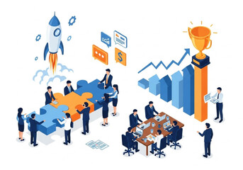 Isometric Business Teamwork and Success Vector Illustration