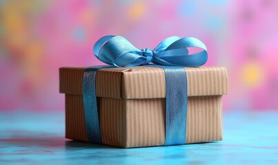 Gift box with blue ribbon on a colorful background