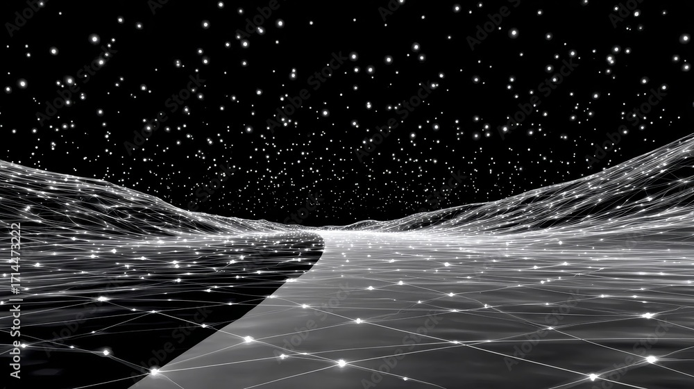 Poster digital network of abstract glow pathways futuristic technology landscape ai connections flowing bac