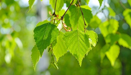 Fresh birch leaves in sunlight